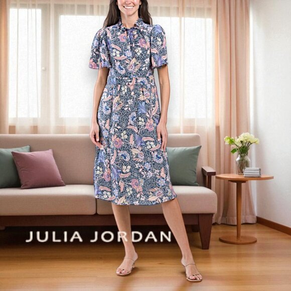 Julia Jordan Flutter Sleeve Ruffle Mock Neck Midi Dress Floral Blue Size 6 - Picture 8 of 10